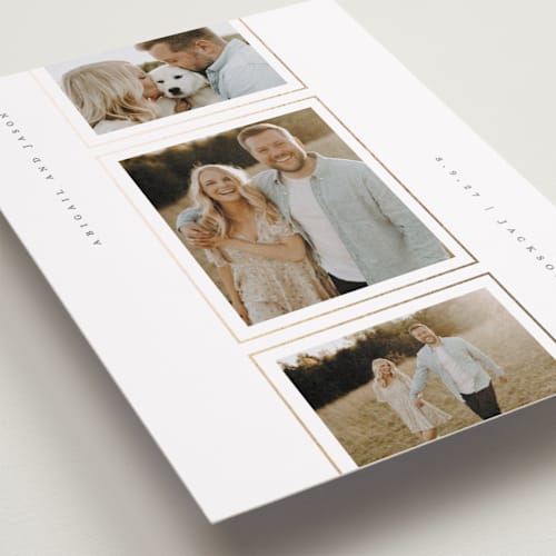 This is a snow foil stamped save the date cards with foil pressed by Lauren Chism called true printing on recycled smooth signature in standard