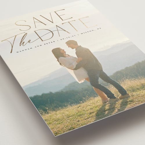 This is a tuxedo foil stamped save the date cards with foil pressed by Everett Paper Goods called verano  printing on recycled smooth signature in standard