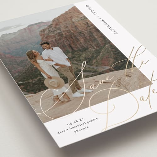This is a lace foil stamped save the date cards with foil pressed by Jamie Alexander called embellish printing on recycled smooth signature in standard