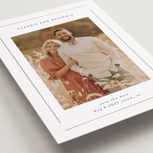 This is a cotton foil stamped save the date cards with foil pressed by Stacey Meacham called elegant minimalism printing on recycled smooth signature in standard