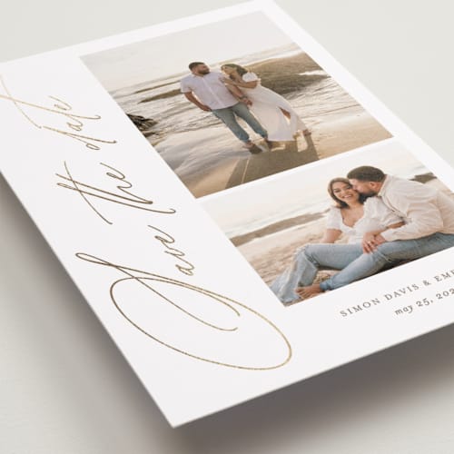 This is a oak foil stamped save the date cards with foil pressed by Kate Ahn called whisp printing on recycled smooth signature in standard