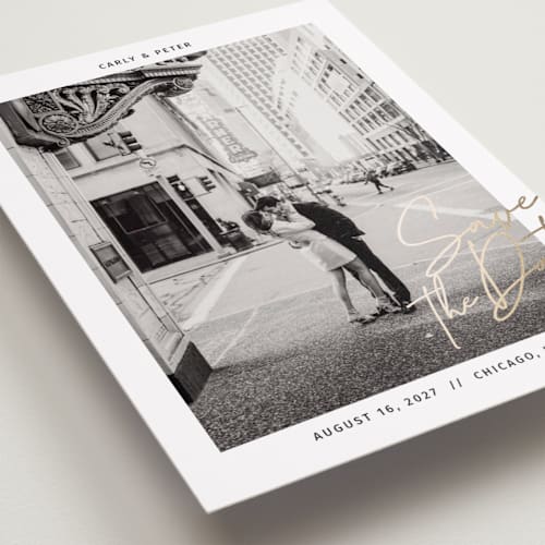 This is a midnight foil stamped save the date cards with foil pressed by Inkblot Design called metro printing on recycled smooth signature in standard