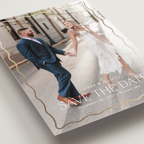 This is a cloud foil stamped save the date cards with foil pressed by Kaydi Bishop called scalloped border printing on recycled smooth signature in standard