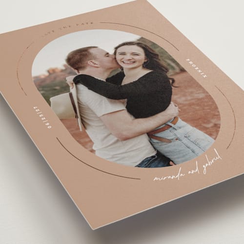 This is a apricot foil stamped save the date cards with foil pressed by Susan Zinader called encircle printing on recycled smooth signature in standard