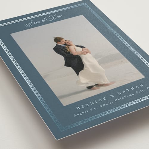 This is a lagoon foil stamped save the date cards with foil pressed by Deynaaz Daraei called ahlum printing on recycled smooth signature in standard