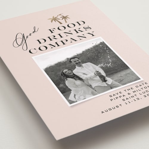 This is a blush foil stamped save the date cards with foil pressed by Laura Hamm called tropical getaway printing on recycled smooth signature in standard