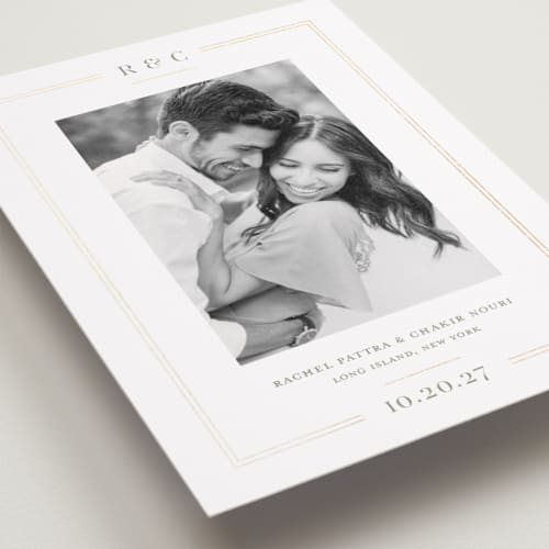 This is a sage foil stamped save the date cards with foil pressed by Meagan Christensen called alcott printing on recycled smooth signature in standard