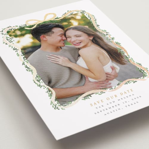 This is a butter foil stamped save the date cards with foil pressed by Itsy Belle Studio called ribbonly frame printing on recycled smooth signature in standard