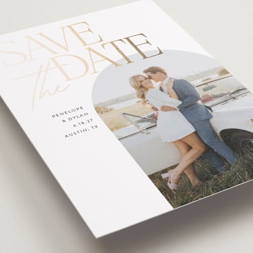 This is a cloud foil stamped save the date cards with foil pressed by Morgan Kendall called penelope printing on recycled smooth signature in standard