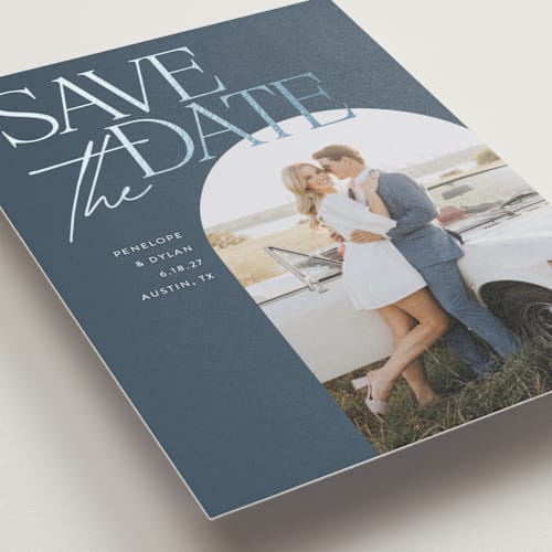 This is a storm foil stamped save the date cards with foil pressed by Morgan Kendall called penelope printing on recycled smooth signature in standard