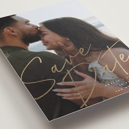 This is a sand foil stamped save the date cards with foil pressed by Vera Lim called bold.. printing on recycled smooth signature in standard