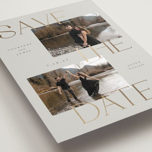 This is a almond foil stamped save the date cards with foil pressed by Emily Betts called stacked printing on recycled smooth signature in standard