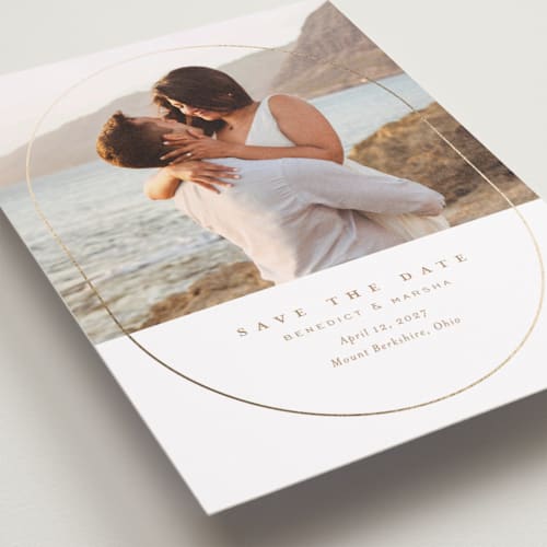 This is a sugar foil stamped save the date cards with foil pressed by chocomocacino called rasmalai printing on recycled smooth signature in standard