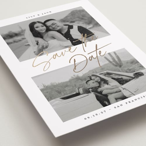 This is a lily foil stamped save the date cards with foil pressed by Creo Study called contemporary classic printing on recycled smooth signature in standard