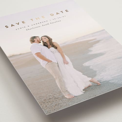 This is a ink foil stamped save the date cards with foil pressed by Laura Hamm called simple printing on recycled smooth signature in standard
