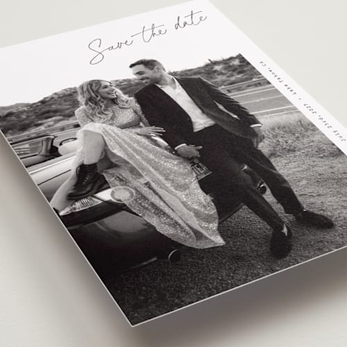 This is a fog foil stamped save the date cards with foil pressed by Sara Hicks Malone called truly printing on recycled smooth signature in standard
