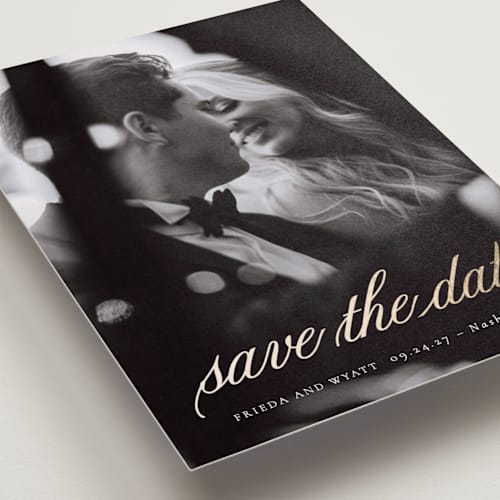 This is a snow foil stamped save the date cards with foil pressed by Sara Hicks Malone called forever classic printing on recycled smooth signature in standard