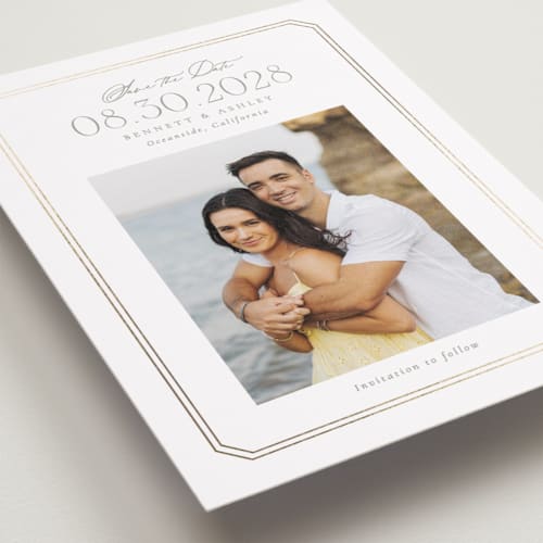 This is a cotton foil stamped save the date cards with foil pressed by Robert and Stella called parque printing on recycled smooth signature in standard