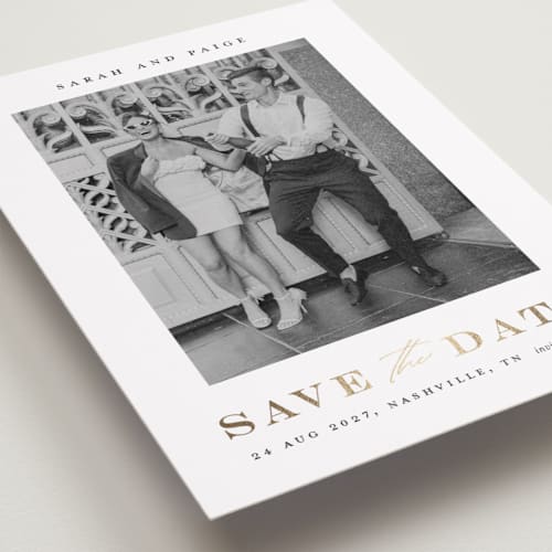 This is a midnight foil stamped save the date cards with foil pressed by Stacey Meacham called classic charm printing on recycled smooth signature in standard