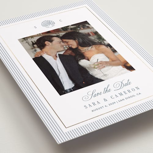 This is a coast foil stamped save the date cards with foil pressed by Kelly Schmidt called seashore printing on recycled smooth signature in standard