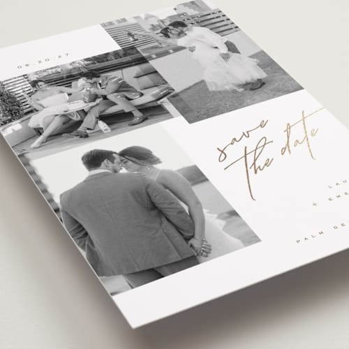 This is a cognac foil stamped save the date cards with foil pressed by Kristie Kern called forte printing on recycled smooth signature in standard