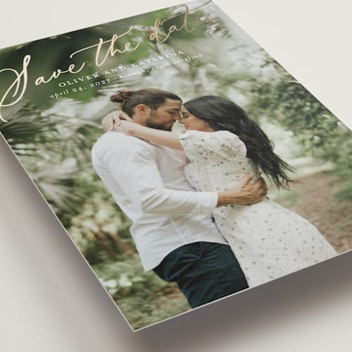This is a cloud foil stamped save the date cards with foil pressed by Erika Firm called kiawah printing on recycled smooth signature in standard