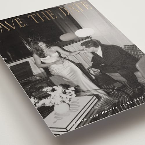This is a snow foil stamped save the date cards with foil pressed by Maja Cunningham called classic timeless printing on recycled smooth signature in standard