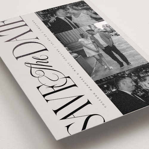 This is a stone foil stamped save the date cards with foil pressed by Laura Hankins called sideline printing on recycled smooth signature in standard