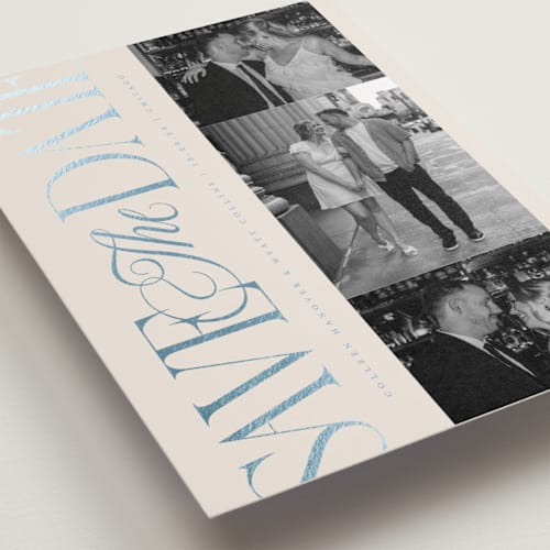 This is a sky foil stamped save the date cards with foil pressed by Laura Hankins called sideline printing on recycled smooth signature in standard