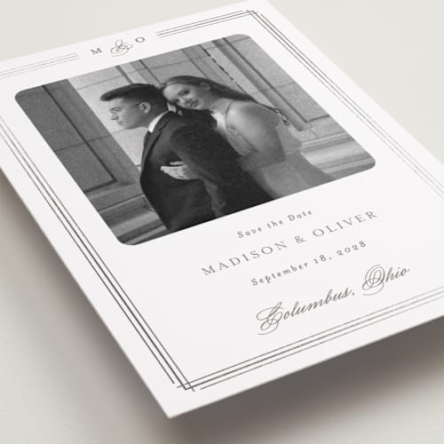 This is a cobblestone foil stamped save the date cards with foil pressed by Emily Betts called lines printing on recycled smooth signature in standard