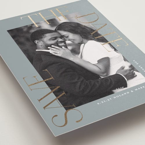 This is a pebble foil stamped save the date cards with foil pressed by Susan Zinader called picturesque printing on recycled smooth signature in standard