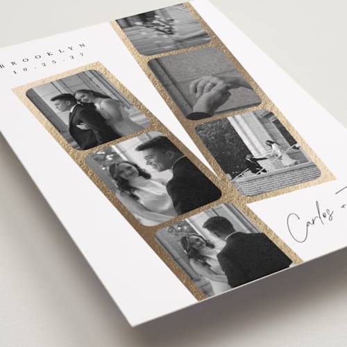 This is a pearl foil stamped save the date cards with foil pressed by Leah Bisch called snapshots printing on recycled smooth signature in standard