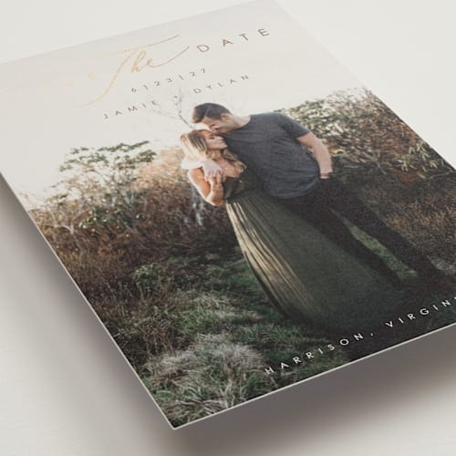 This is a wheat foil stamped save the date cards with foil pressed by Hannah Williams called simply classic printing on recycled smooth signature in standard