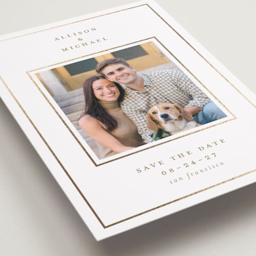 This is a air foil stamped save the date cards with foil pressed by Jennifer Holbrook called classic line printing on recycled smooth signature in standard