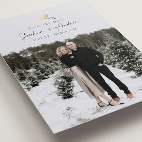 This is a midnight foil stamped save the date cards with foil pressed by Elly called ribbon printing on recycled smooth signature in standard