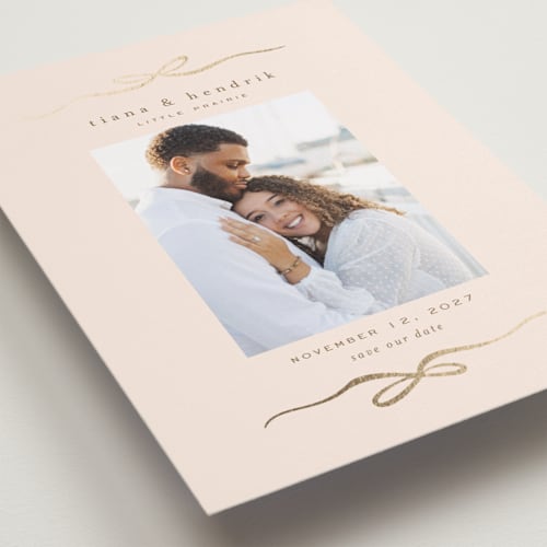 This is a creme foil stamped save the date cards with foil pressed by chocomocacino called maizenita printing on recycled smooth signature in standard