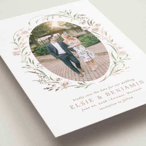 This is a spring mist foil stamped save the date cards with foil pressed by Erin L. Wilson called meadow printing on recycled smooth signature in standard