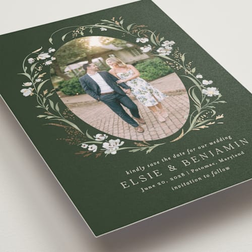 This is a forest floor foil stamped save the date cards with foil pressed by Erin L. Wilson called meadow printing on recycled smooth signature in standard