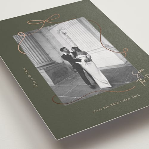 This is a vintage foil stamped save the date cards with foil pressed by Elly called gentle bow printing on recycled smooth signature in standard