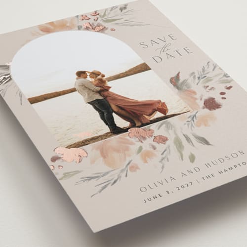 This is a tulip foil stamped save the date cards with foil pressed by Nicoletta Savod called cascade printing on recycled smooth signature in standard
