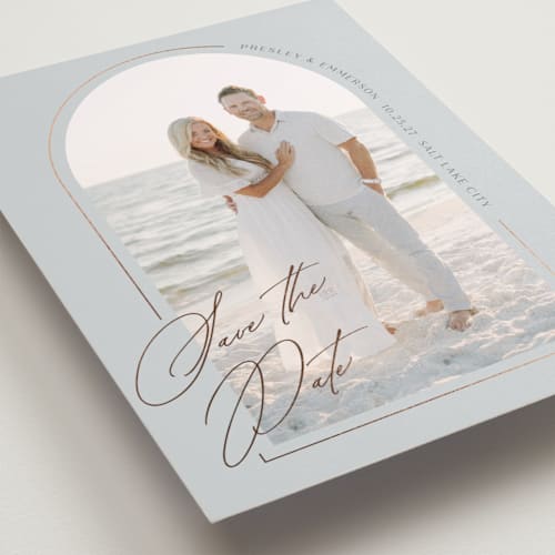 This is a sea glass foil stamped save the date cards with foil pressed by Susan Zinader called subtle shimmer printing on recycled smooth signature in standard