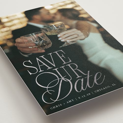 This is a dusk foil stamped save the date cards with foil pressed by Olivia Goree called celebration printing on recycled smooth signature in standard