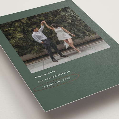 This is a forest foil stamped save the date cards with foil pressed by Baumbirdy called circled printing on recycled smooth signature in standard