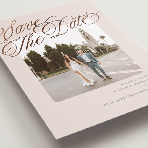 This is a dove foil stamped save the date cards with foil pressed by Owl and Toad called fancy header printing on recycled smooth signature in standard