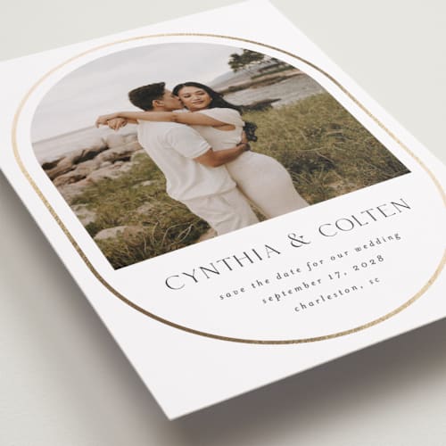 This is a sugar foil stamped save the date cards with foil pressed by Angela Garrick called double lined border printing on recycled smooth signature in standard