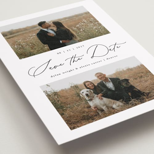This is a onyx foil stamped save the date cards with foil pressed by Kate Ahn called bridge printing on recycled smooth signature in standard