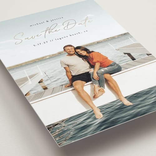This is a onyx foil stamped save the date cards with foil pressed by Jennifer Postorino called absolute printing on recycled smooth signature in standard