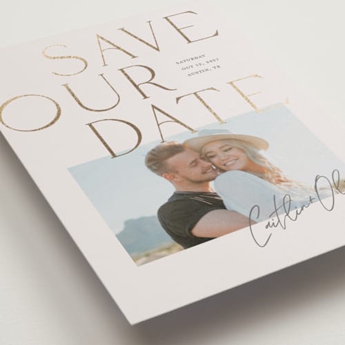 This is a champagne foil stamped save the date cards with foil pressed by Summer Winkelman called styled printing on recycled smooth signature in standard