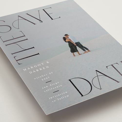 This is a cloud foil stamped save the date cards with foil pressed by Ashlee Townsend called san diego printing on recycled smooth signature in standard