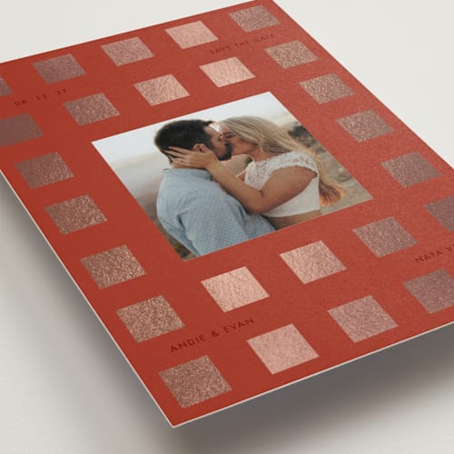 This is a maroon foil stamped save the date cards with foil pressed by Baumbirdy called simple check printing on recycled smooth signature in standard